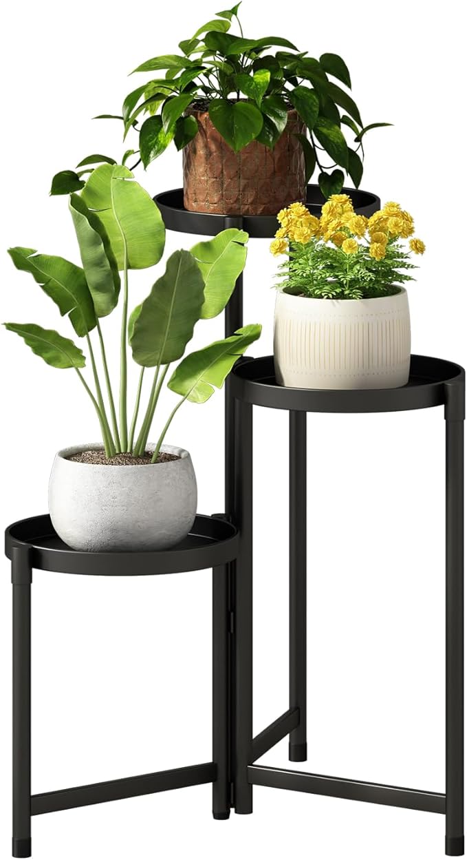 Plant Stand indoor outdoor-3 Tier black Tall Metal Flower Pot Holder Potted Display Rack - Heavy Duty Corner Plant Shelf for Patio Garden Balcony Living Bedroom Room