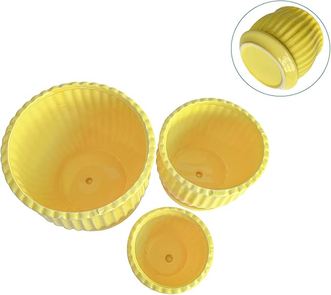 Yellow Ceramic Flower Pots with Saucers, Modern Round Ceramic Succulent Plant Pots with Stripe Texture, Small to Medium Sized, Set of 3