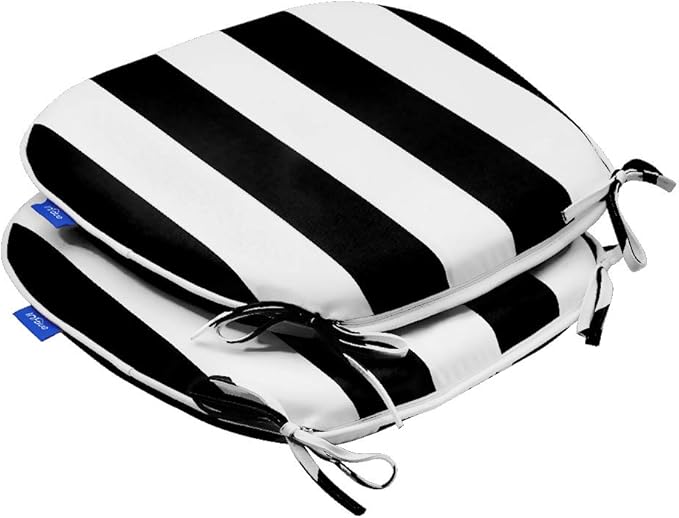 SleepMan Outdoor 17"x16" Chair Cushions with Ties Set of 2, Water Resistant All Weather U-Shape Seat Pads for Patio Garden Furniture Indoor Fade Resistant Patio Cushions (Black Stripe)