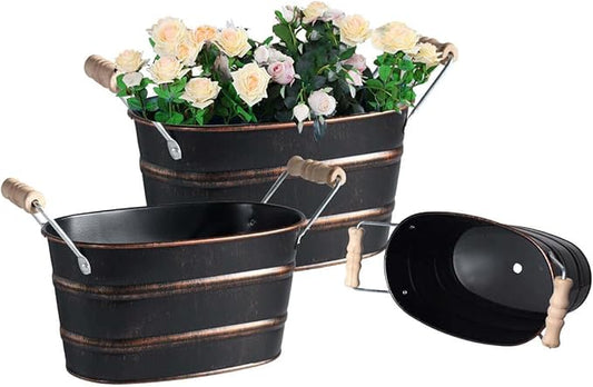 Galvanized Metal Oval Planter Buckets with Handles – Set of 3 Rustic Farmhouse Flower Tubs with Drain Holes & Plugs, Vintage Small Pots for Herbs, Succulents, Wedding or Tabletop Decor (Black)