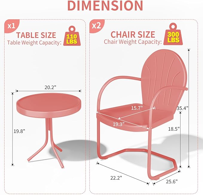 Patio Bistro Set Retro Metal Outdoor Seating Conversation 3 Pieces, 2 C-Spring Motion Armchairs and Round Side Table, for Porch, Lawn, Garden (Pink)