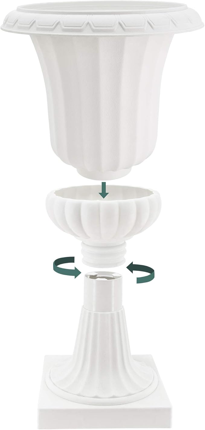 Arcadia Garden Products Plastic Garden Pedestal Urn, Set of 2 Classic Decorative Garden Pot Planter for Indoor and Outdoor Plants, 10” x 17”, White