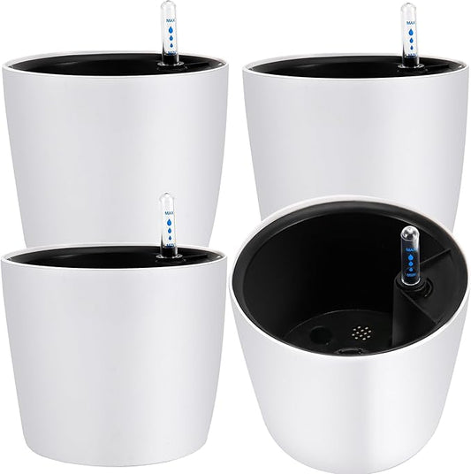 JOIKIT 4 Pack 7 Inches Self Watering Planter, White Plant Flower Pots with Water Level Indicator, Self Watering Pots for Indoor & Outdoor Succulents Plants Herb Garden