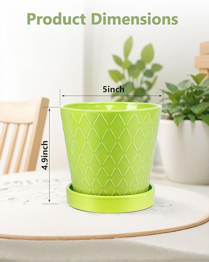 BUYMAX Plant Pots Indoor –5 inch Ceramic Flower Pot with Drainage Hole and Ceramic Tray - Gardening Home Desktop Office Windowsill Decoration Gift, Set of 4-Plants NOT Included (Green)