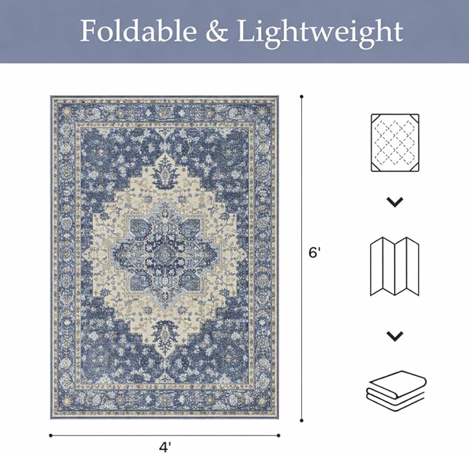 GENIMO Outdoor & Indoor Area Rug 4'x6', Waterproof, Non-Shedding, Easy Cleaning, Boho Mat for Patio, Living Room, Balcony, Dining Room, RV, Deck, Bedroom, Camping, Outside Carpet,Center Blue
