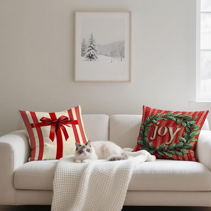 Christmas Vintage Pillow Covers 18x18 inch Set of 4, Snowman Tree Wreath Gift Red Art Cushion Case Outdoor Sofa Throw Pillows Cover Garden Pillow Covers for Couch Living Room Bed Indoors Home Decor