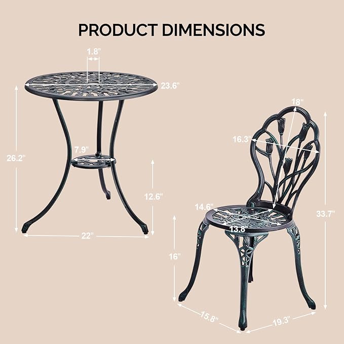 Outvita Patio Table and Chairs Set, Cast Aluminum Outdoor Cafe Table and Chairs Set of 3, Stability Patio Bistro Sets with Umbrella Hole for Garden, Patio, Balcony, Tulip Pattern Verdigris