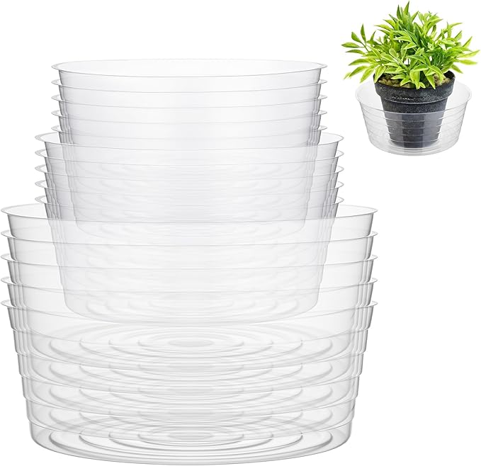 Hoolerry 15 Pcs Plastic Plant Saucer Clear Deep Drip Tray Thickened Clear Plant Saucers Trays for Pots Deep Drip Trays for Home Garden Indoor and Outdoor Potted (10,12,14 Inch)