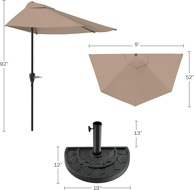 9-Ft Half Patio Umbrella Easy Crank Semicircle Balcony Shade with 20lb Weighted Base for Deck, Porch, or Against a Wall by Pure Garden (Sand)