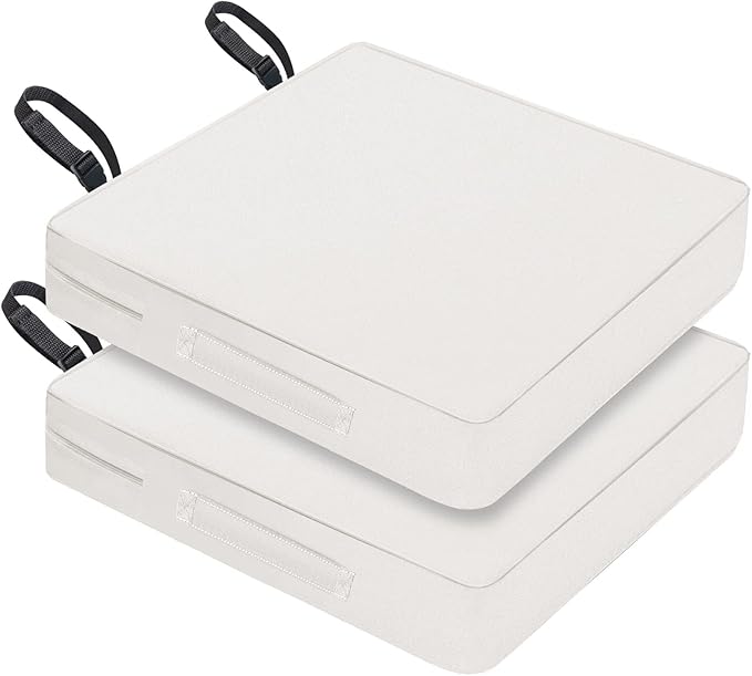 Waterproof Outdoor Seat Cushions 20x20x3 Inch, Patio Chair Cushions with Adjustable Straps & Handle, Fade-Resistant, Machine Washable, 2-Pack Light Grey