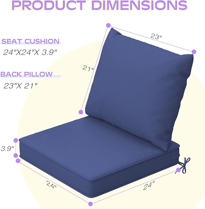 Outdoor Chair Cushions Set of 4, 24 x 24 Inch Patio Furniture Cushions with Splash-Proof Covers, Outdoor Cushions for Patio Furniture Replacement, Navy Blue