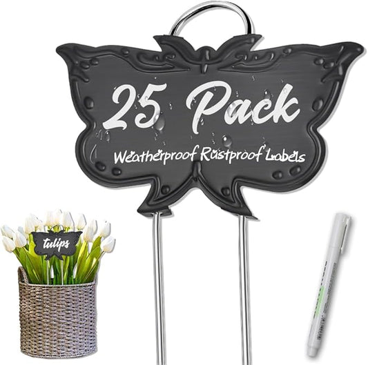 Metal Plant Labels, Tall Outdoor Butterfly Garden Markers for Flowers, Fruits and Vegetables, 304 Stainless Steel Weatherproof Signs (25 Packs, 4" x 2.3", Black Butterfly Design)
