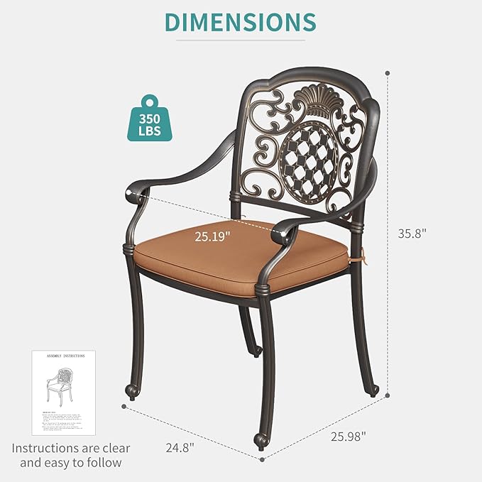 Garvee 2 Piece Patio Dining Chairs with Cushions, Outdoor All-Weather Cast Aluminum Chairs, Patio Bistro Dining Chair Set of 2 for Garden Deck Backyard, Dark Bronze