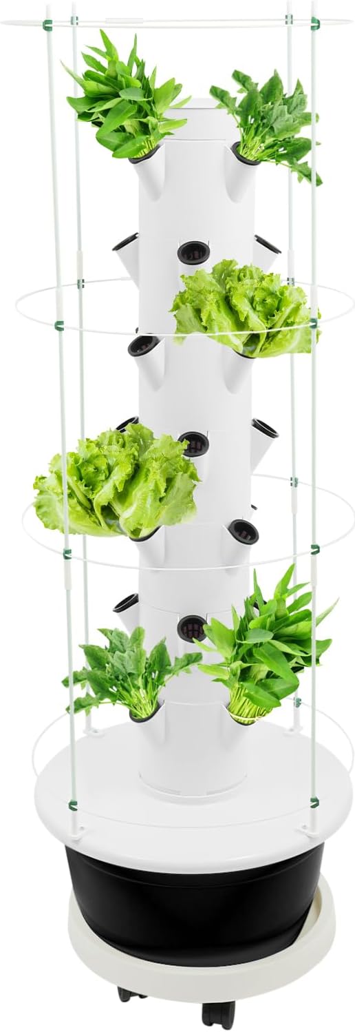 Hydroponic Growing System Kit, Vertical Hydroponic Tower with Climbing Trellis, Indoor & Outdoor Herb Garden, Vegetable Tower with 28 Planting Pods for Tomatoes,Strawberries (White and Black)