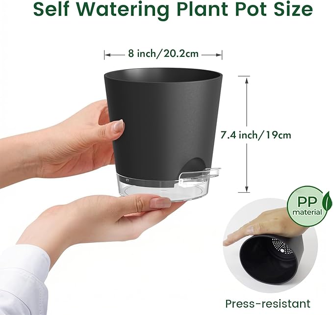 8 inch Self Watering Pots for Indoor Outdoor Plants, 2 Pack Flower Plant Pots with Drainage Holes & Clear Reservoir for Visible Water Level, Plastic Wicking Planters for House Plants, Black