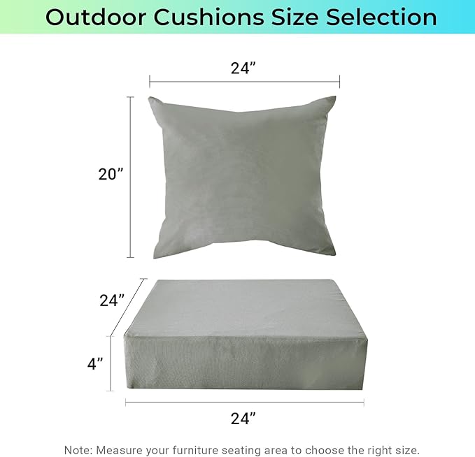 Outdoor Cushions for Patio Furniture,Outdoor Seat Cushion Set 24 x 24 x 4 Inch,Waterproof & Fade Resistant Outdoor Chair Cushions,Deep Patio Chair Cushion with Removable Cover,Grey