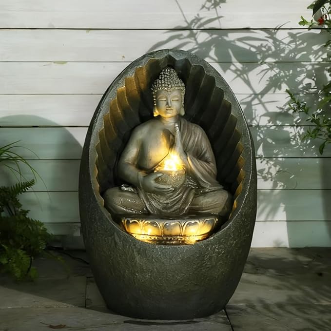 Water Fountain Outdoor Half-Encased Egg-Shaped Zen Buddha Fountain Indoor with Light Pump, Tranquil Relaxing Water Feature for Home Garden Patio Yard Balcony & Meditation Room, Brown