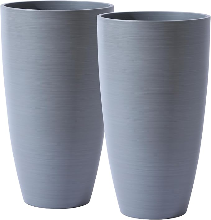 Outdoor Planters For Porch With Drainage Hole&Movable Insert Shelf Large Planters For Decorative Gray Wooden Grain Matte Finish For All House Plants Small Trees No Fading Planter 21Inch Tall Planter
