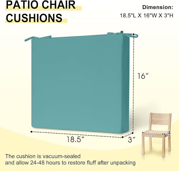 downluxe Outdoor Chair Cushions Set of 2 for Patio Furniture, Water-Resistant Square Corner Patio Chair Cushions with Ties, High Density Foam Outdoor Seat Cushion, 18.5" X 16" X 3", Teal