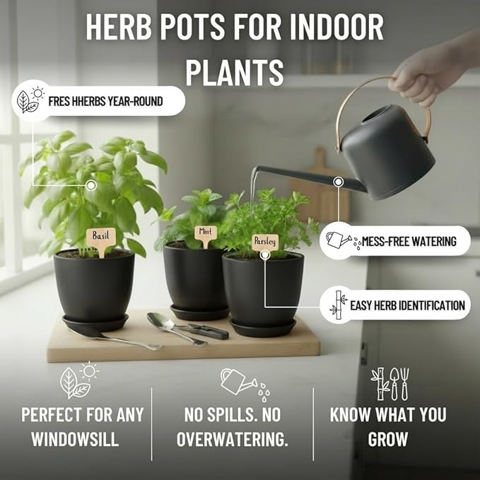 Indoor Garden Kit - Plant Pots with Drainage, Watering Can & Tools - Ideal Windowsill Planter Set - Modern Home & Kitchen Decor Gift - Black