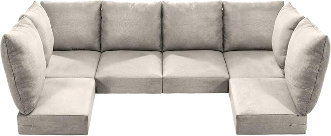 Luxury 24x24x6 Outdoor Seat Cushions for 6-Seat Sectional Sofa Set of 6 - Water-Repellent 14-Piece Patio Cushion Set for Outside Rattan Wicker Loveseat Chair L-Shape Couch - Beige/Classic