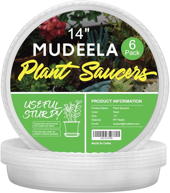MUDEELA 6 Pack of 14 Inches Plant Saucers for Indoor, Durable Plastic Round Plant Tray Plant Dish Pant Plate to Catch Water for Flower and Plant Pot, Thicker, Stronger, Deeper, Clear