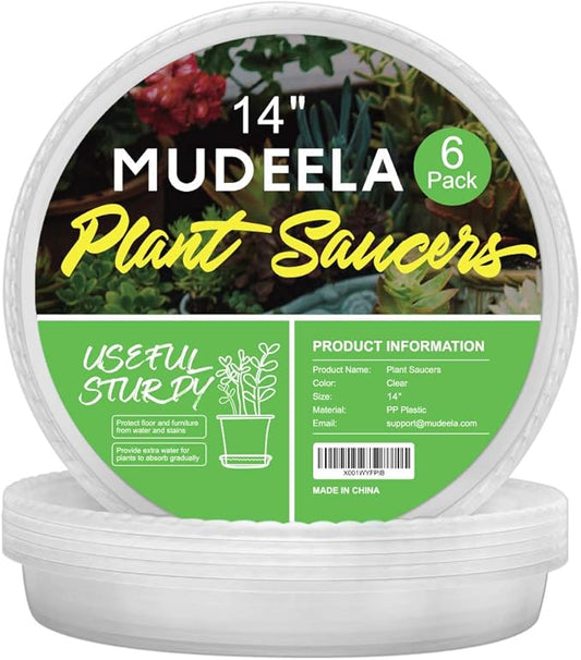 MUDEELA 6 Pack of 14 Inches Plant Saucers for Indoor, Durable Plastic Round Plant Tray Plant Dish Pant Plate to Catch Water for Flower and Plant Pot, Thicker, Stronger, Deeper, Clear