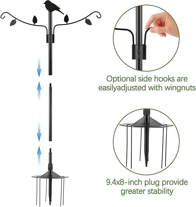 Camii 4Hook Shepherd Hooks for Outdoor, 75" Heavy Duty Bird Feeder Pole with 5 Prongs Base, Adjustable Garden Hook for Hanging Plant, Hummingbird Feeder, Lantern, Solar Light, Garden Hook for Outside