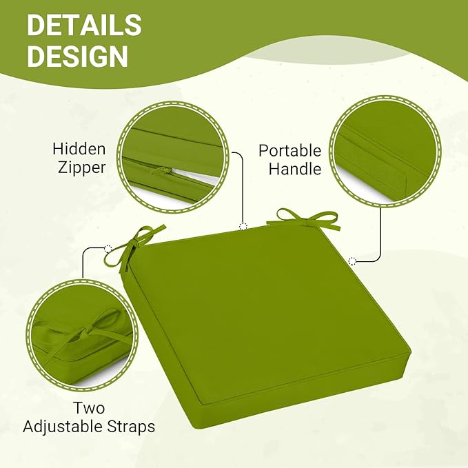 downluxe Waterproof Outdoor Chair Cushions Set of 2, 19" x 19" x 3" Patio Chair Cushion with Non-Slip Ties & Handle, Square Outdoor Cushion for Patio Furniture with Removable Cover, Grass Green