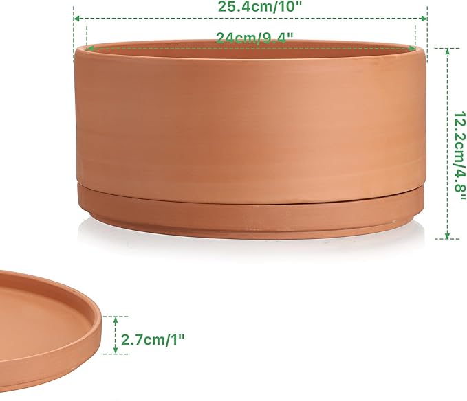 JUXYES 10 Inch Terracotta Shallow Pot with Holes and Saucers, Round Cylinder Succulent Planter Clay Flower Pots for Indoor and Outdoor Use, Decorative Bonsai Succulent for Mini Foliage Plants Orchids