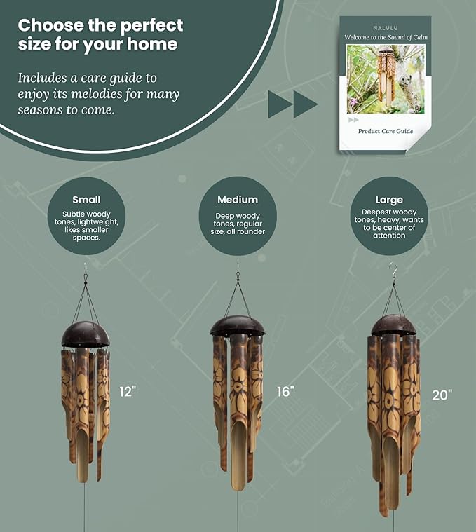 Rustic Bamboo Wind Chimes - Outside Outdoor Wooden Windchimes, Medium, Floral Burned Design with Coconut Crown, Handcrafted with Calming Deep Tones, Home Decor Ideal Gift for Him & Her