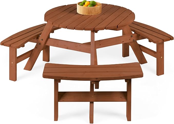 Best Choice Products 6-Person Circular Outdoor Wooden Picnic Table for Patio, Backyard, Garden, DIY w/ 3 Built-in Benches, 500lb Capacity - Acorn