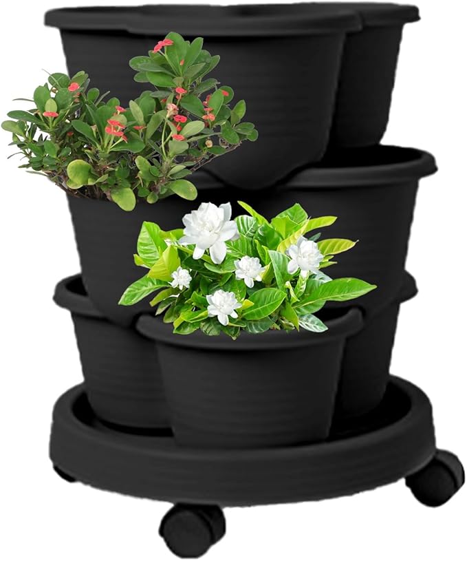 Stackable Planter - Vertical Garden Tower Stackable Planter | Vegetable Tower, Container with Removable Wheels & Tool Kit, Flower Pots Plant Growing System for Indoor Outdoor