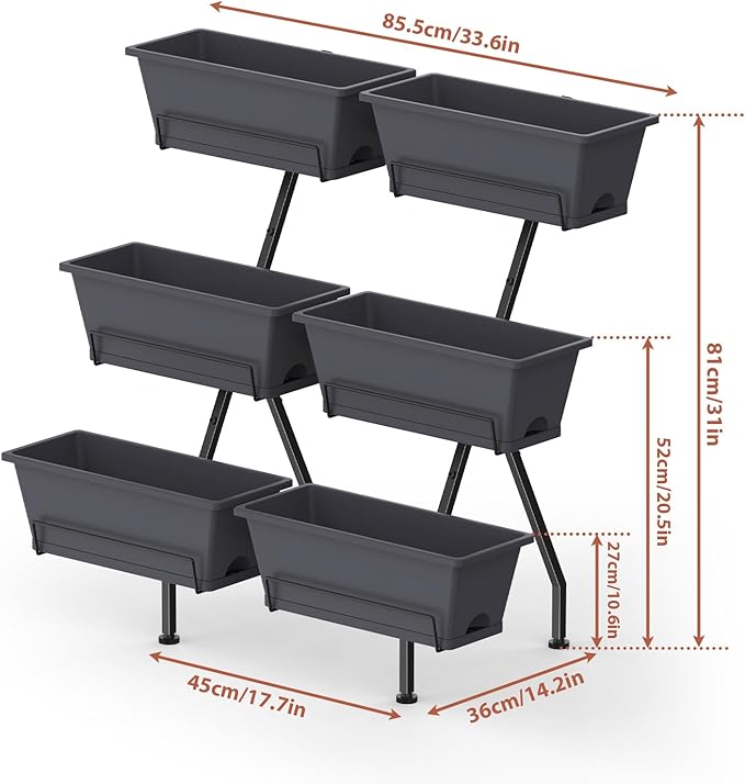 ETELI Vertical Raised Garden Bed 3 Tier Garden Planter Indoor Outdoor Herb Planter with 6 Removable Boxes Standing Garden Planter with Drainage Holes Elevated Raised Bed for Patio Balcony Porch, Grey