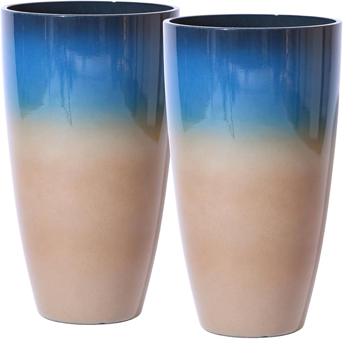 Tall Planters for Outdoor Plants, Heavy-Duty Plastic Lightweight Flower Pots Blue to Khaki Gradient Garden Pots Porch Planters Outdoor Set of 2 Gifts for Plant Lovers