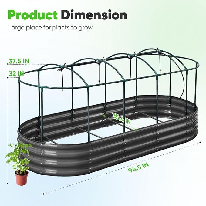 Quictent Galvanized Raised Garden Bed Kit with Self Watering System and Mesh Cover, Large Oval Metal Outdoor Planter Garden Boxes for Vegetables Herbs Flowers, 8x3x1Ft