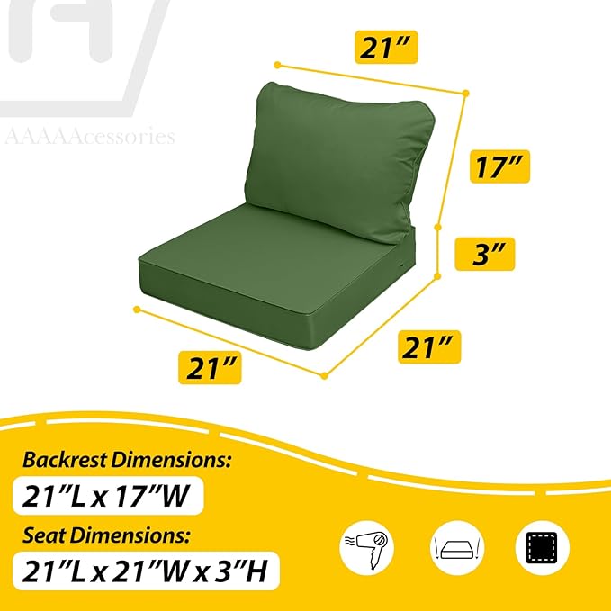 AAAAAcessories Outdoor Seat Cushions for Chairs, Fade-Resistant, Waterproof Patio Furniture Replacement Cushions, 21" x 21" x 3" + 21" x 17", Set of 4, Dark Moss Green