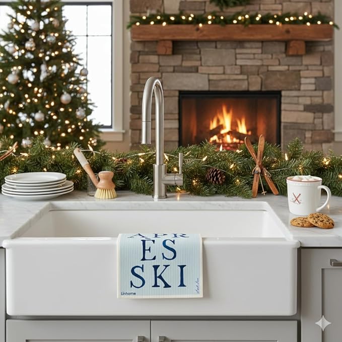 Christmas Holiday Ski Collection Swedish Dishcloth, Reusable Paper Towel, Super Absorbent Cellulose Sponge, Washable Kitchen Cleaning Cloth (Apres Ski - 1 Pack)