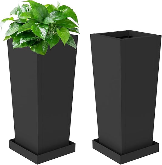 Tall Outdoor Planters Set of 2, 24 inch Tall Planters for Outdoor and Indoor, Metal Tapered Pots with Drainage Holes & Insert Shelves & Trays for Porch, Garden, Patio, Yard