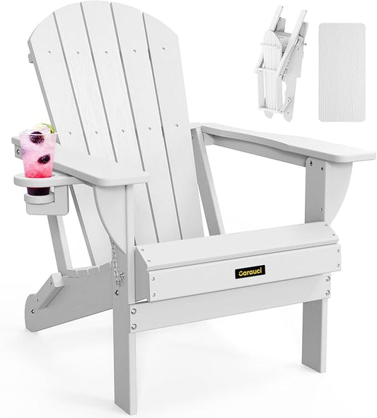Carauci Plastic HDPE Adirondack Chair, Folding Adirondack Chair Weather Resistant with Cup Holder, Wooden Textured Fire Pit Outdoor Chair for Garden, Porch, Lawn, Backyard, Supports 380LBS, White