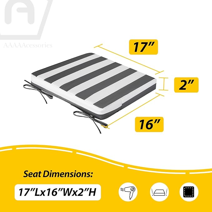 AAAAAcessories Outdoor Seat Cushions for Chairs, Waterproof, Fade-Resistant, 17" x 16" x 2", Patio Furniture Replacement Cushions, Set of 2, Gray Cabana Stripe