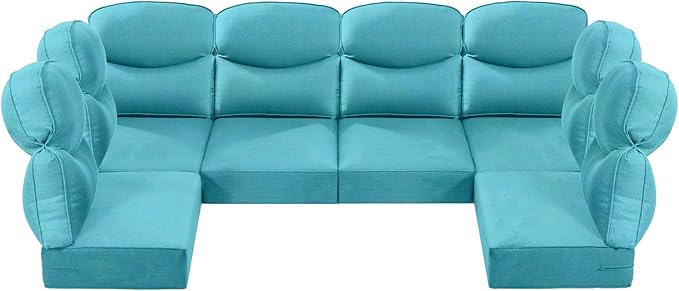 Luxury 24x24x6 Outdoor Seat Cushions for 6-Seat Sectional Sofa Set of 6 - Water-Repellent 14-Piece Patio Cushion Set for Outside Wicker Loveseat Chair L-Shape Couch - Turquoise/Smile