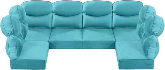 Luxury 24x24x6 Outdoor Seat Cushions for 6-Seat Sectional Sofa Set of 6 - Water-Repellent 14-Piece Patio Cushion Set for Outside Wicker Loveseat Chair L-Shape Couch - Turquoise/Smile