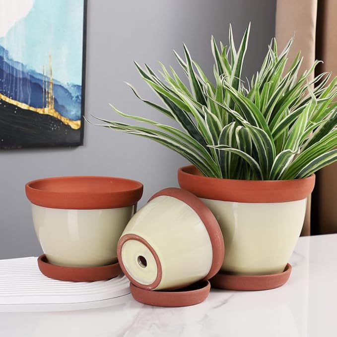 Yishang Glazed Terracotta Pots with Saucers, Set of 3, 5", 6", and 7" Sizes, Ceramic Clay Planter Pots with Drainage Holes - Yellow