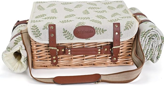 Multifunctional Wicker Picnic Basket Set for 4 with Blanket and Picnic Table, Insulated Picnic Set with Full Tablewares for Camping Outdoor Couples,Leaf
