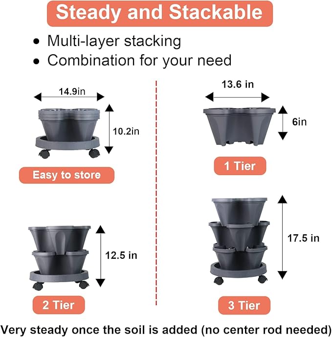 GameXcel Vertical Planter Tower- 3 Tier Stackable Garden Planter with Wheels and Tool Set – Grow Strawberries Herbs Flowers and Vegetables - Indoor Outdoor Use Dark Gray