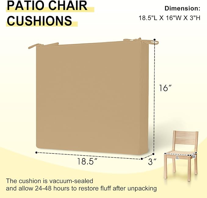 downluxe Outdoor Chair Cushions Set of 2 for Patio Furniture, Water-Resistant Square Corner Patio Chair Cushions with Ties, High Density Foam Outdoor Seat Cushion, 18.5" X 16" X 3", Khaki
