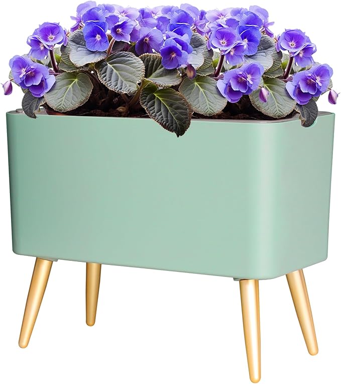 13.5 Inch Planter Pot with Metal Craft Legs, Self Watering Planter Pots with Water Shortage Alarm Plant Pot for Indoor Outdoor Decorative Succulents Herb (B- Green)