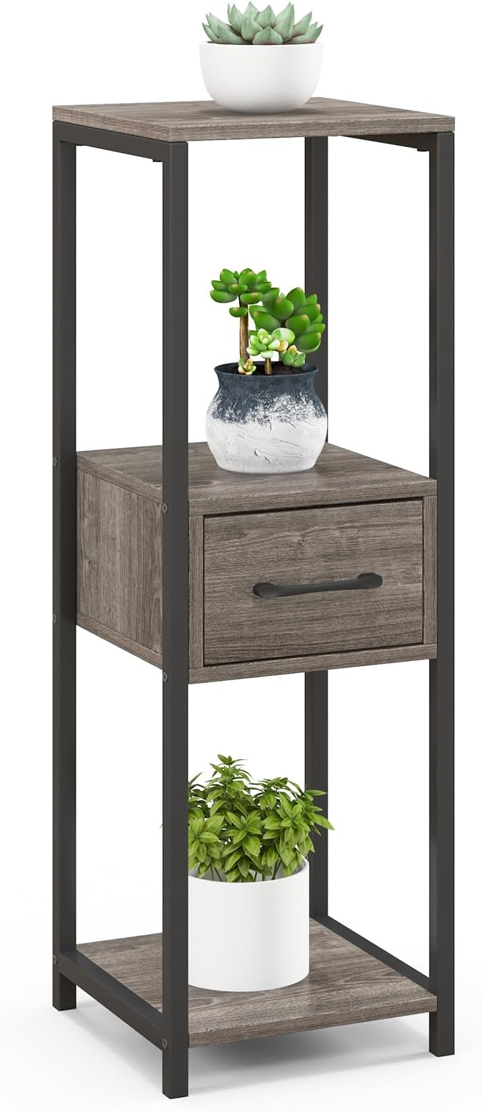 Giantex 3 Tier Tall Plant Stand Indoor, 36 Inch Corner Flower Stand Display Rack Storage Shelf with Drawer & Metal Frame for Multiple Flower Pots, Square Plant Shelf for Balcony, Living Room (1 Pack)