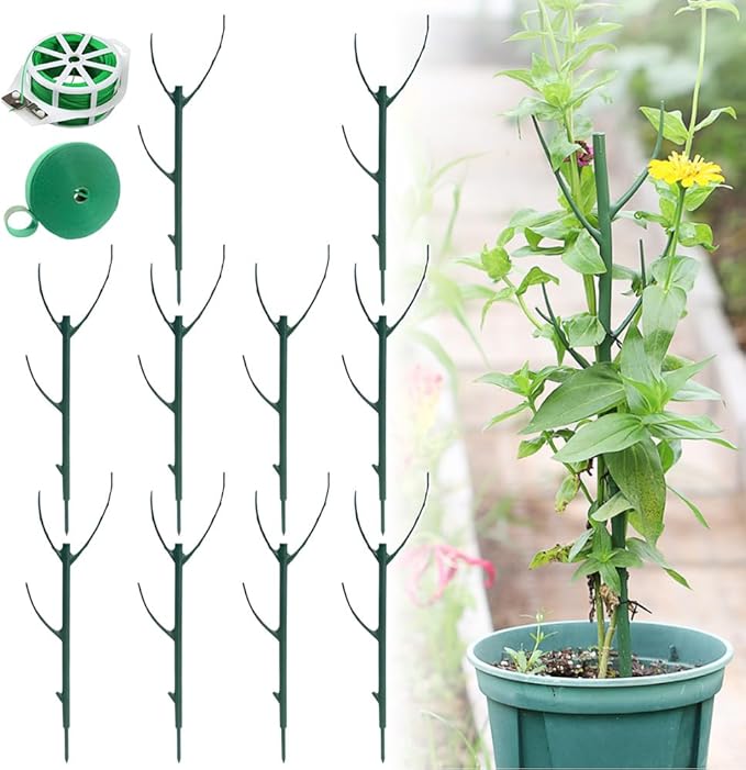 10 Packs Stackable Monstera Plant Support with Twist Ties, Garden Plant Support Stakes for Indoor Outdoor Potted Plants, Garden Plant Poles for Climing Plants Stem Support Structures (Green)